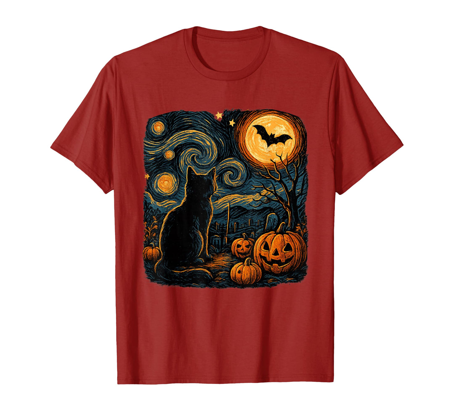 Halloween Black Cat Van Gogh Starry Night Cat Lovers Cat T-Shirt