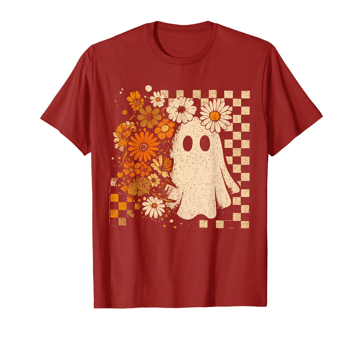 Retro Floral Ghost Checkered Autumn Halloween Women Kids T-Shirt