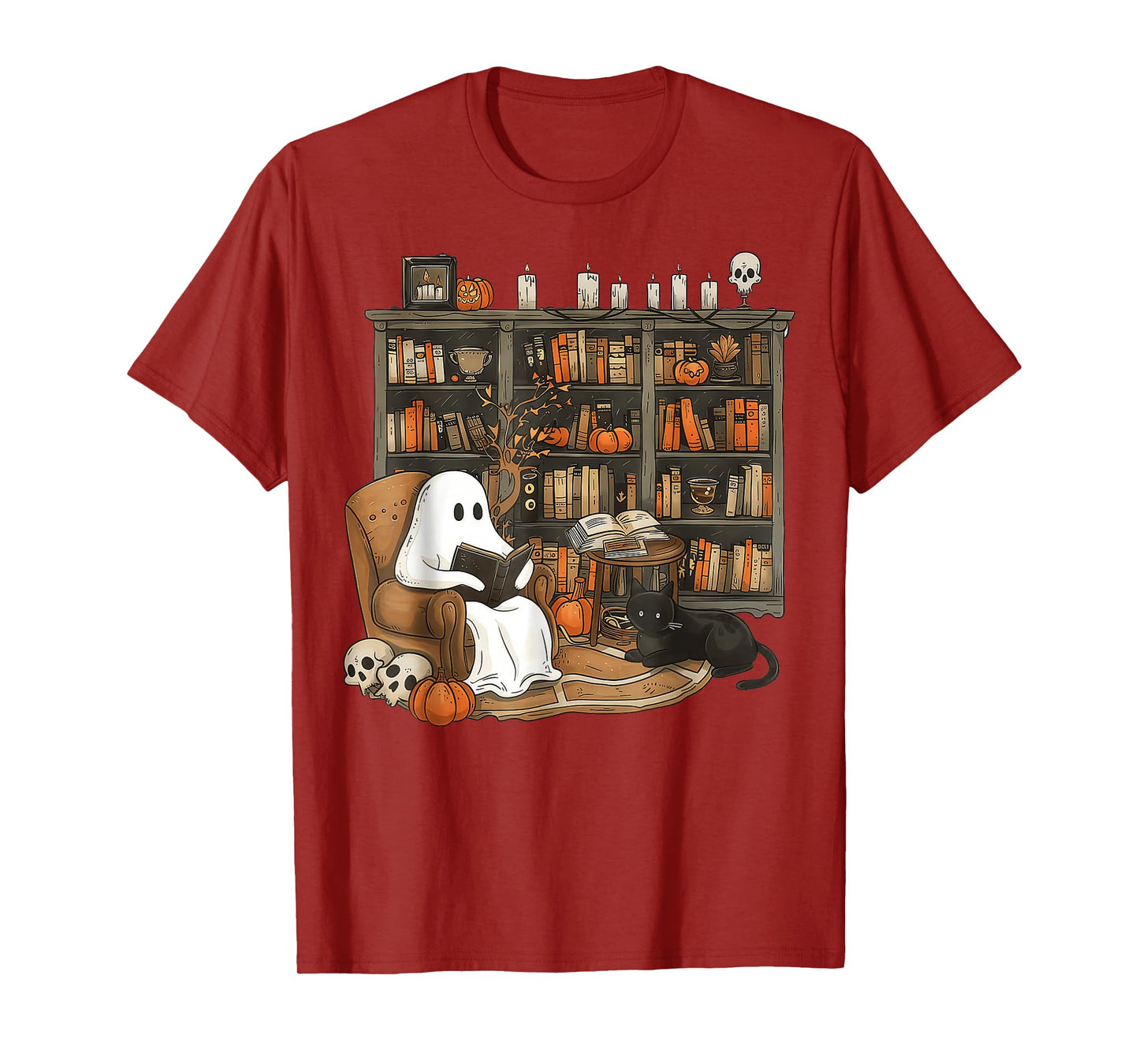 Retro Ghost Reading Books cat, Librarian Ghost Halloween T-Shirt