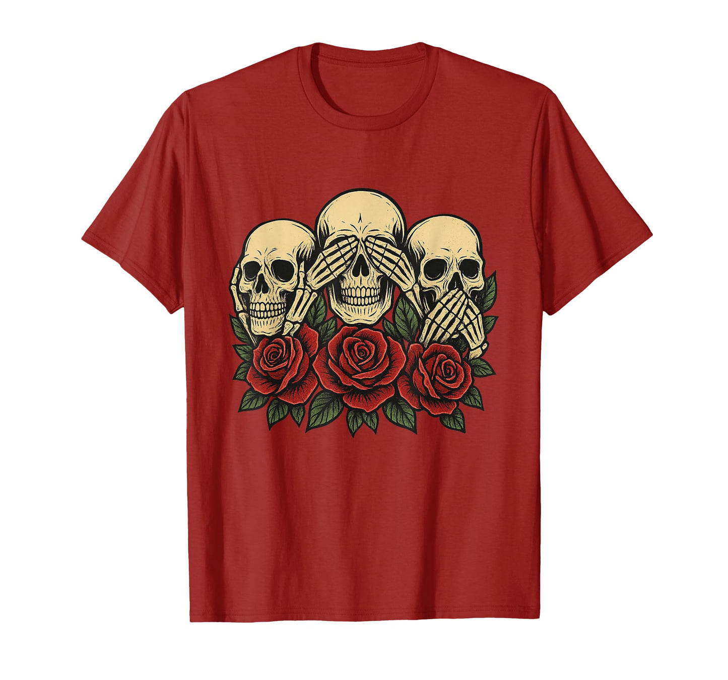 See No Evil Hear No Evil Speak No Evil Skeleton Skull Roses T-Shirt
