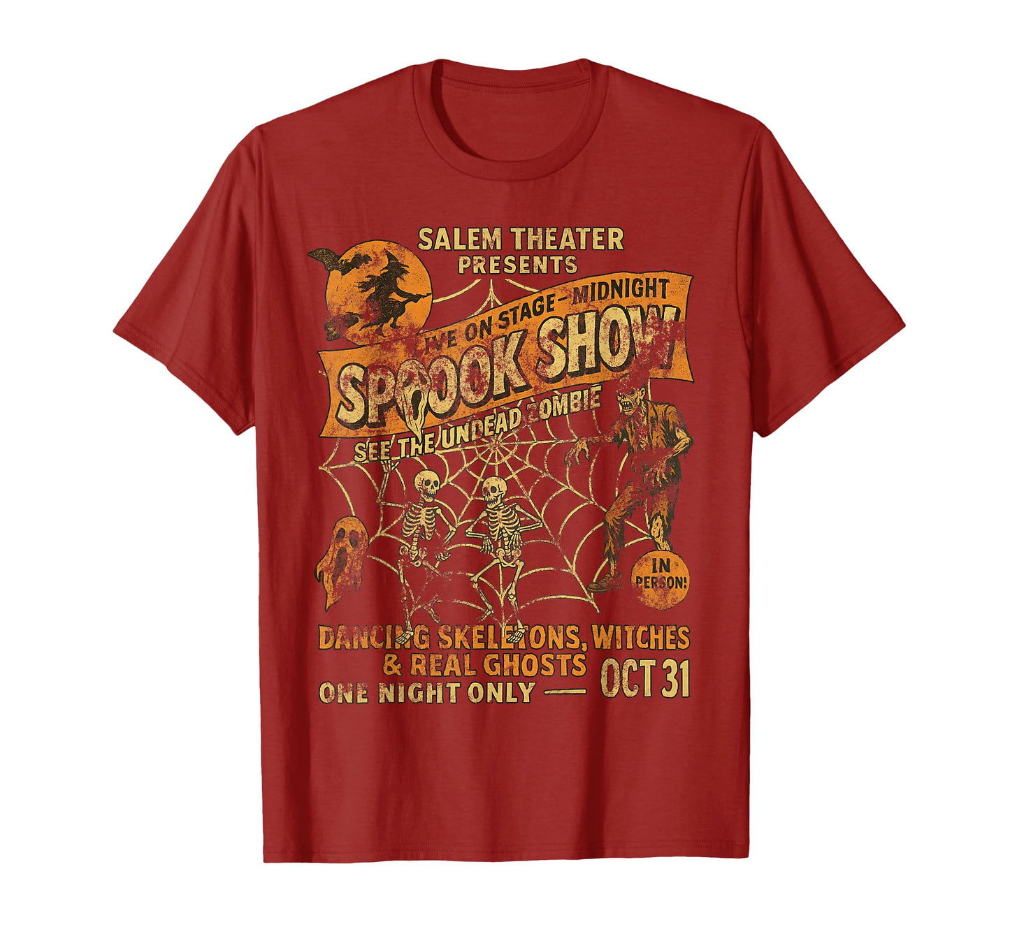 Vintage Halloween Poster Tee Witch Dancing Skeletons Monster T-Shirt