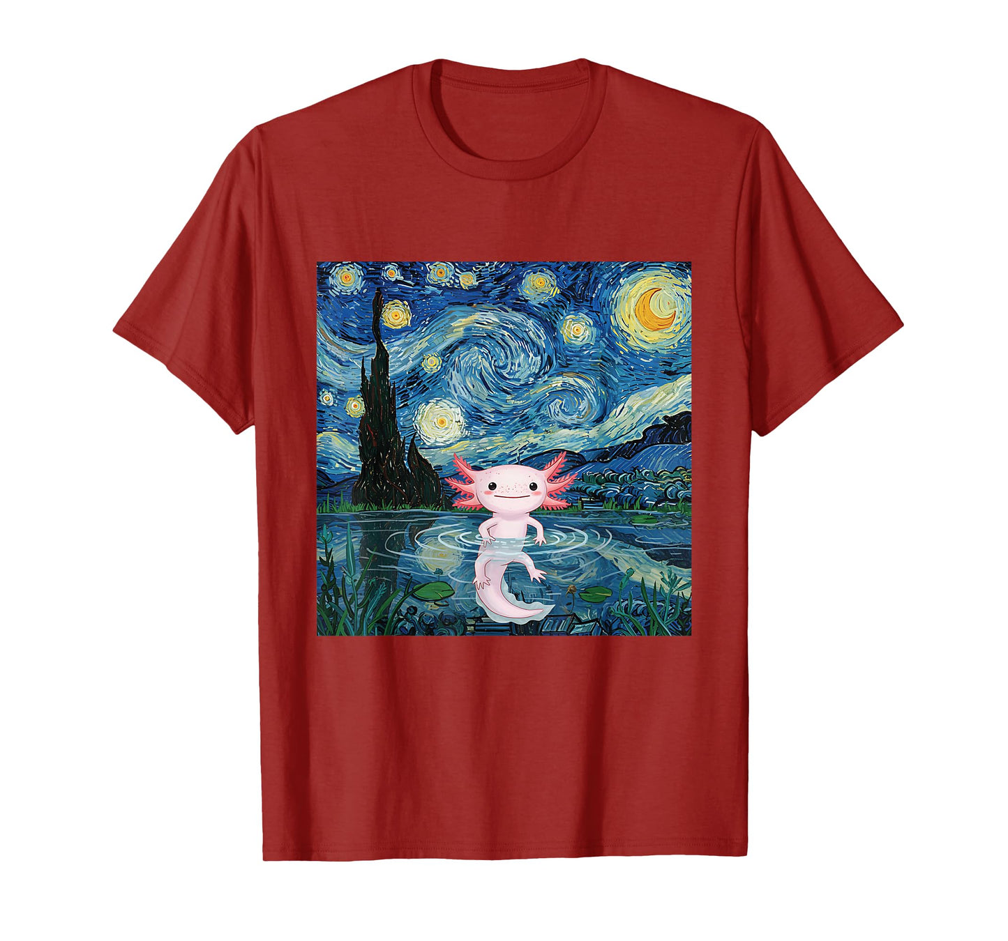 Adorable Axolotl Kawaii Van Gogh Style Starry Night Graphic T-Shirt