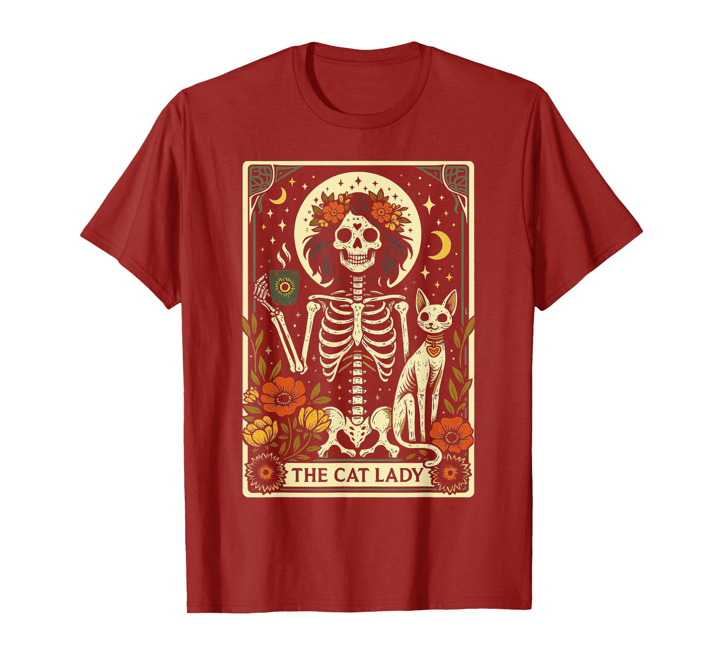 Mystic Skeleton The Cat Lady With Coffee Tarot Card Vibes T-Shirt