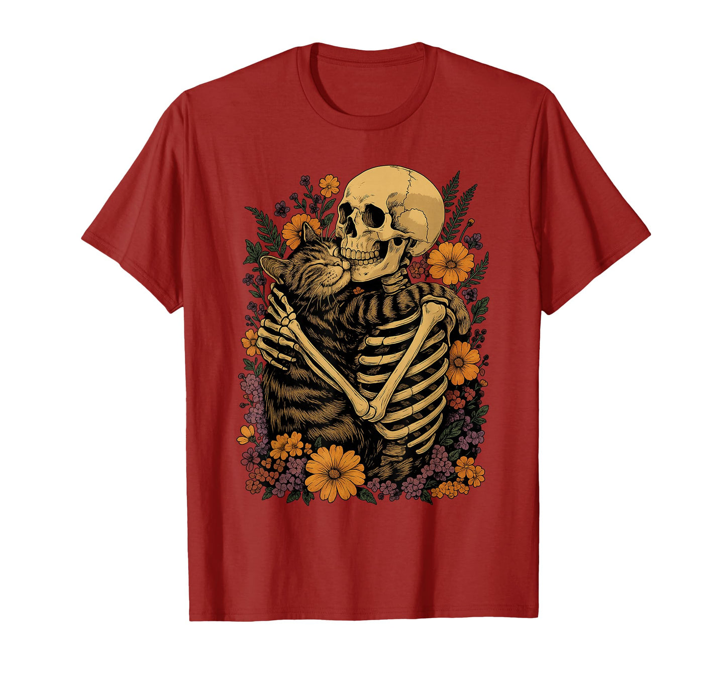 Skeleton Hugging Cat Floral Halloween Cats Lover T-Shirt