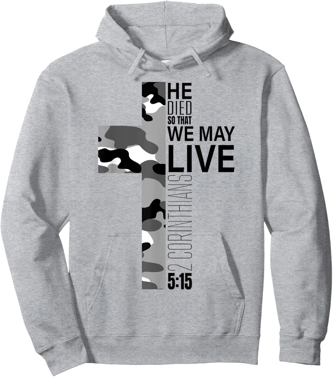 Christian Bible Verse Black White Camo Cross Easter Graphic Hoodie - Hoodie | Ash