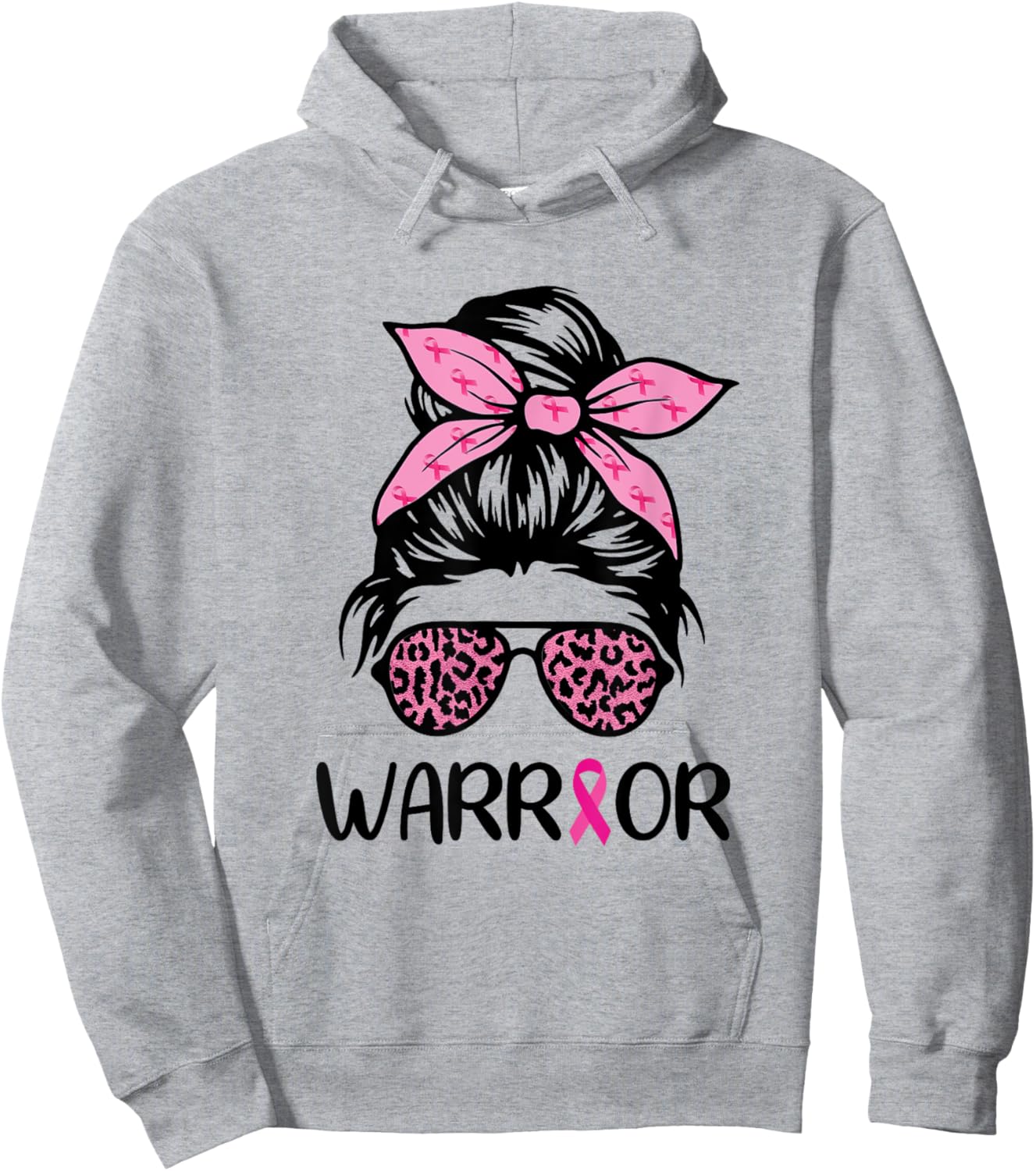 Warrior Breast Cancer Awareness Messy Bun Leopard Pink Hoodie - Hoodie | Ash