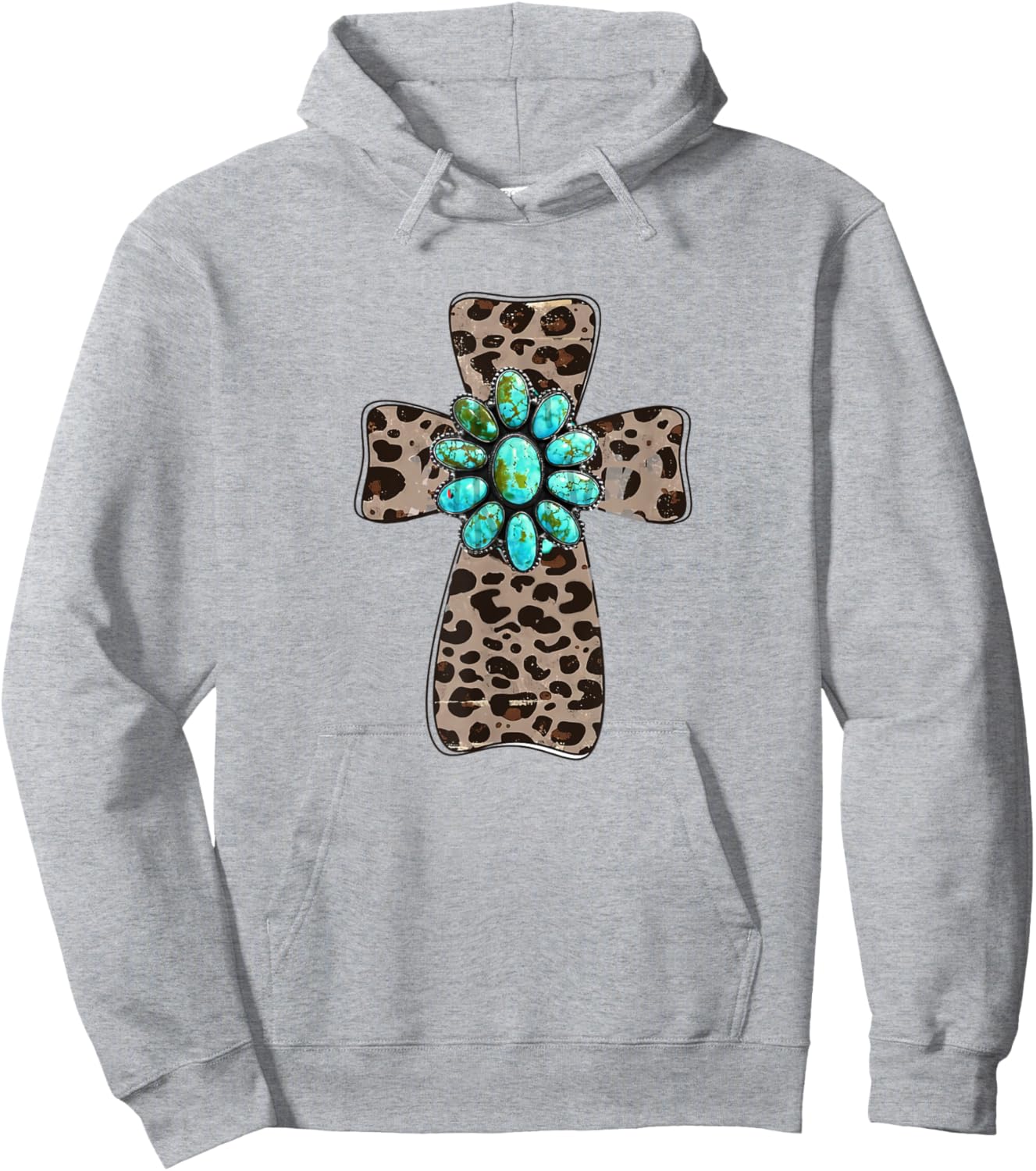Leopard Cross With Turquoise Southern Western Christian Hoodie - Hoodie | Ash
