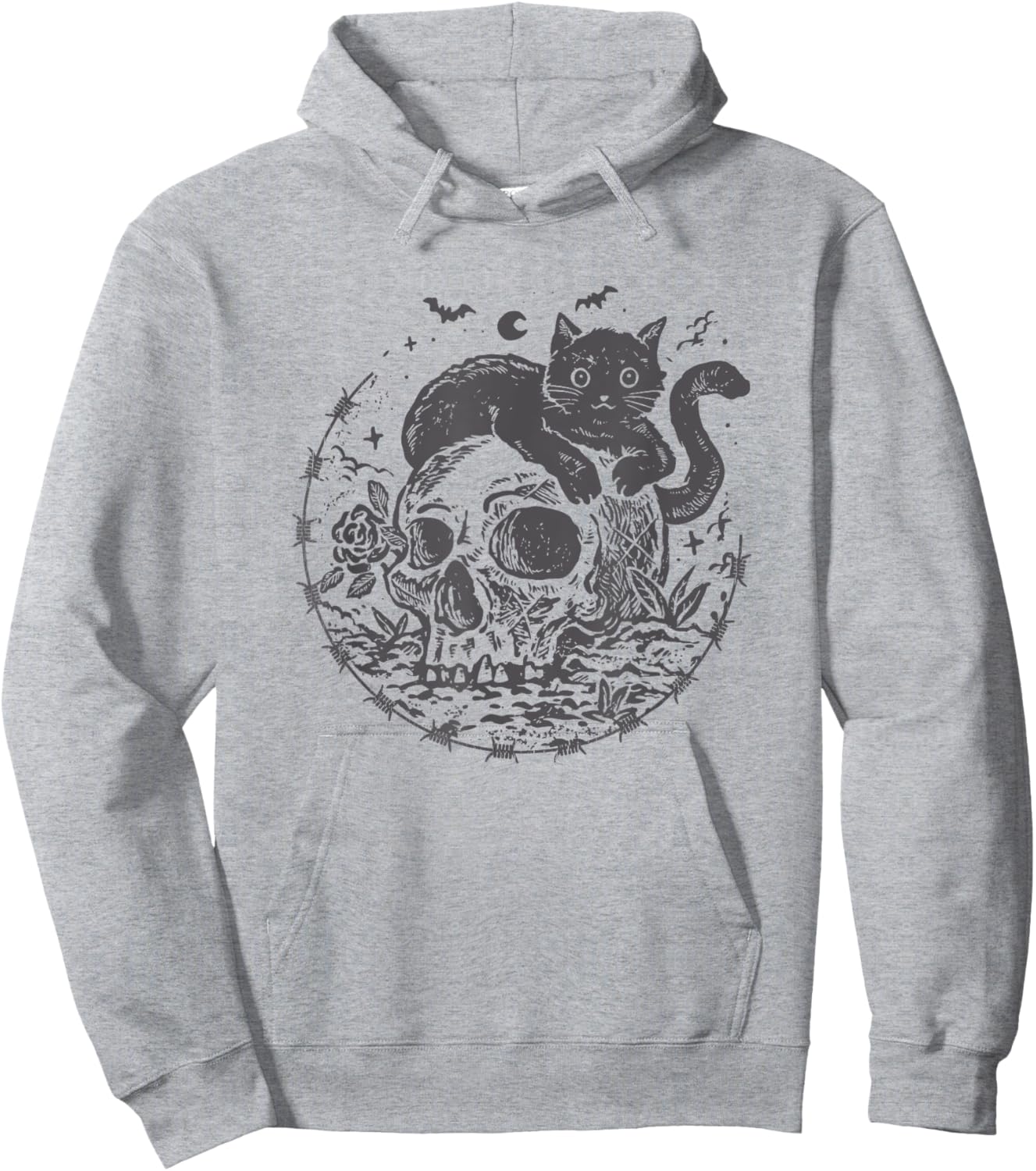 Mysterious Black Cat On A Skull Witchy Aesthetic Grunge Hoodie - Hoodie | Ash