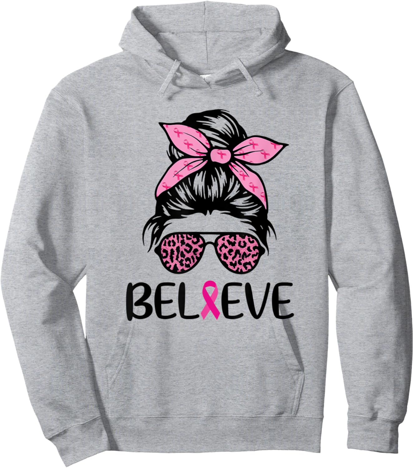 Believe Messy Bun Leopard Ribbon Breast Cancer Awareness Hoodie - Hoodie | Ash