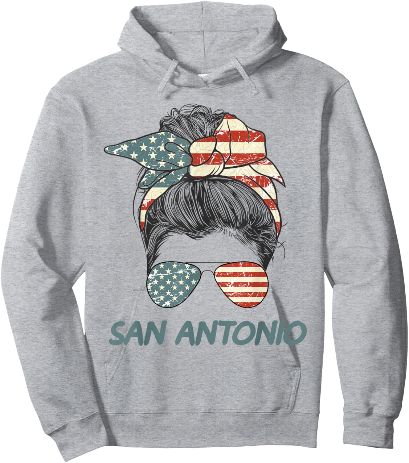 San Antonio Girl Messy bun, Texas Pride Patriotic USA flag Hoodie - Hoodie | Ash