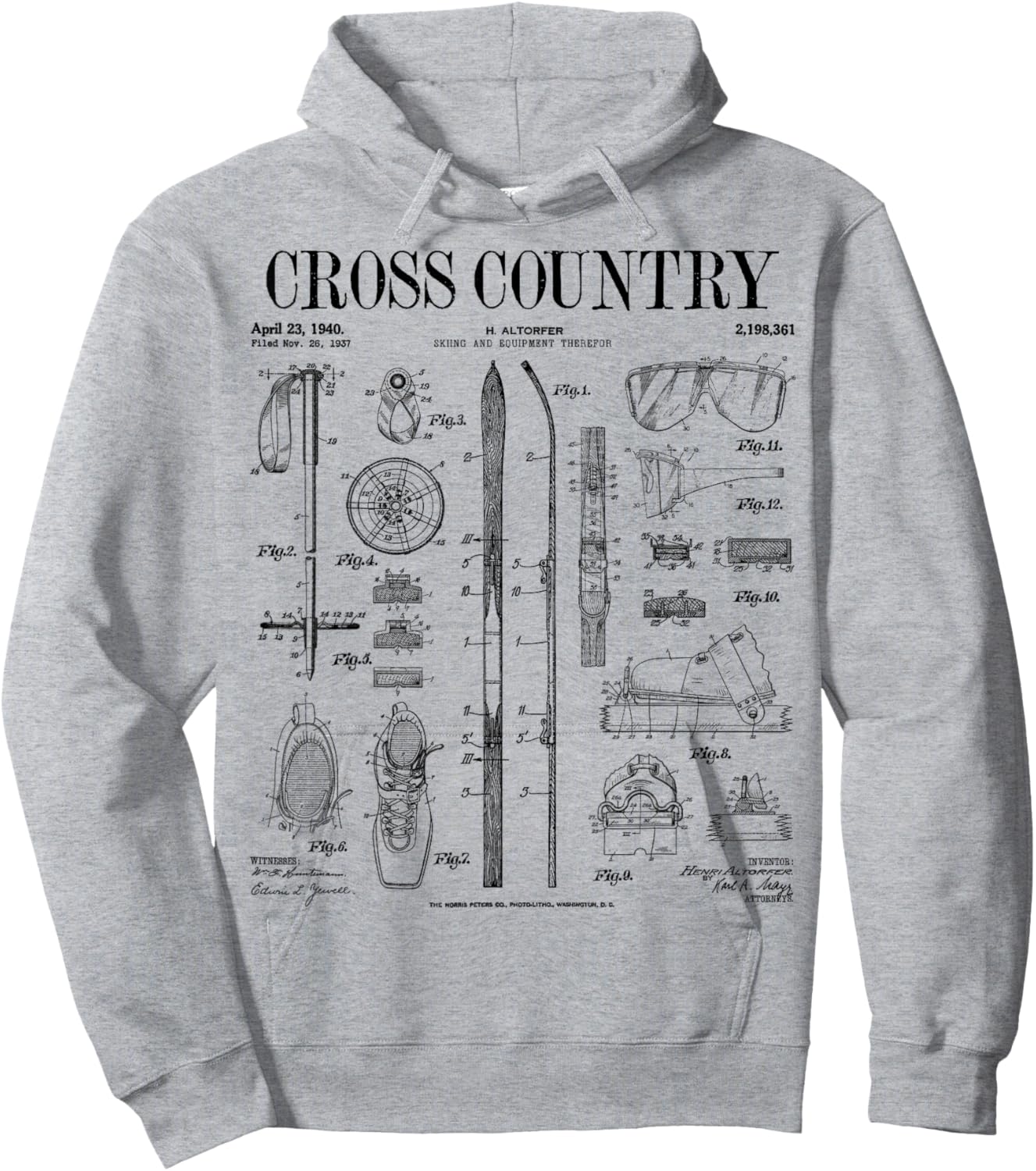 Cross Country Nordic Skiing Ski Vintage Patent Skier Print Hoodie - Hoodie | Ash
