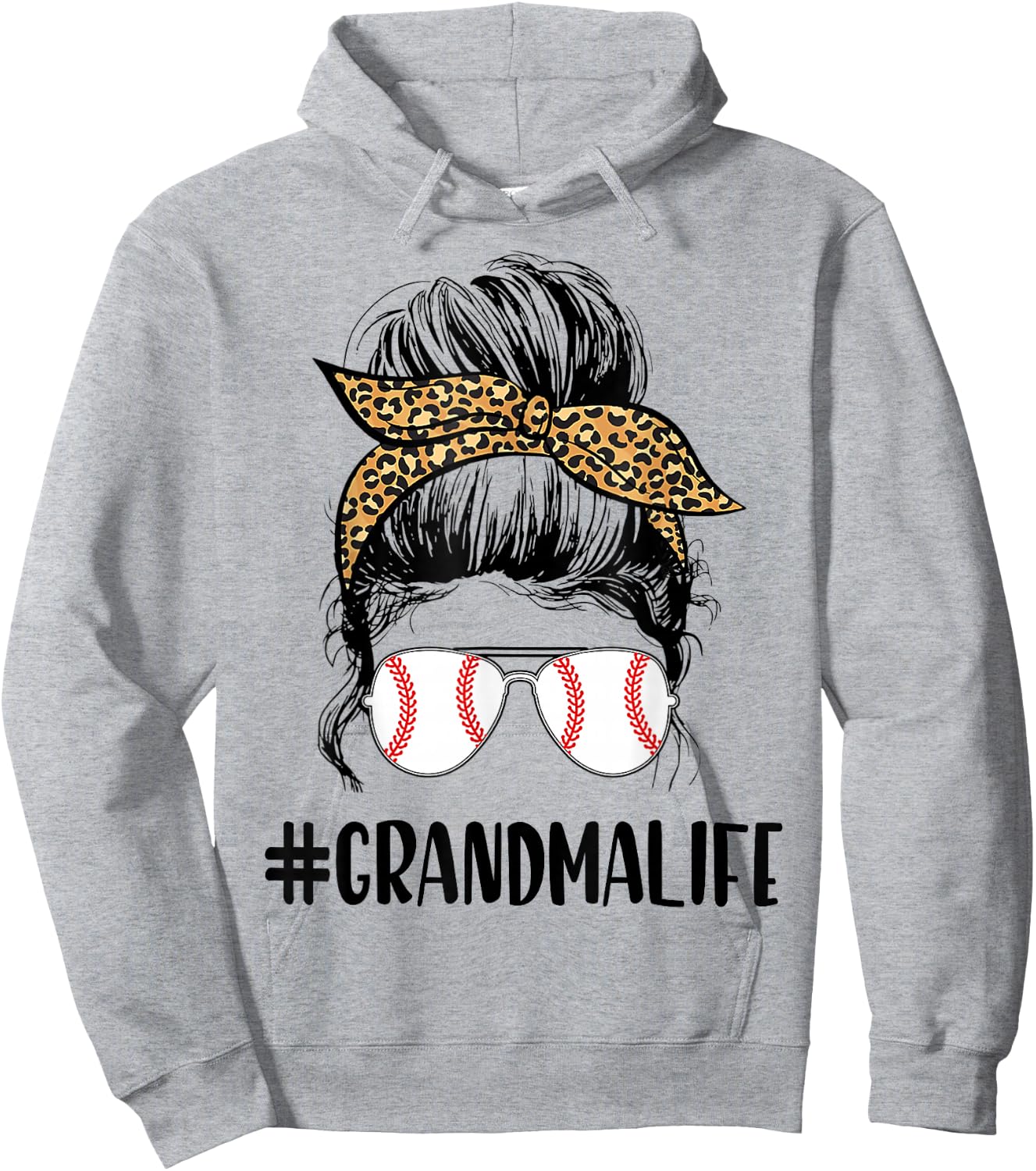 T-ball Grandma Life Messy Bun Leopard Print Softball Hoodie - Hoodie | Ash