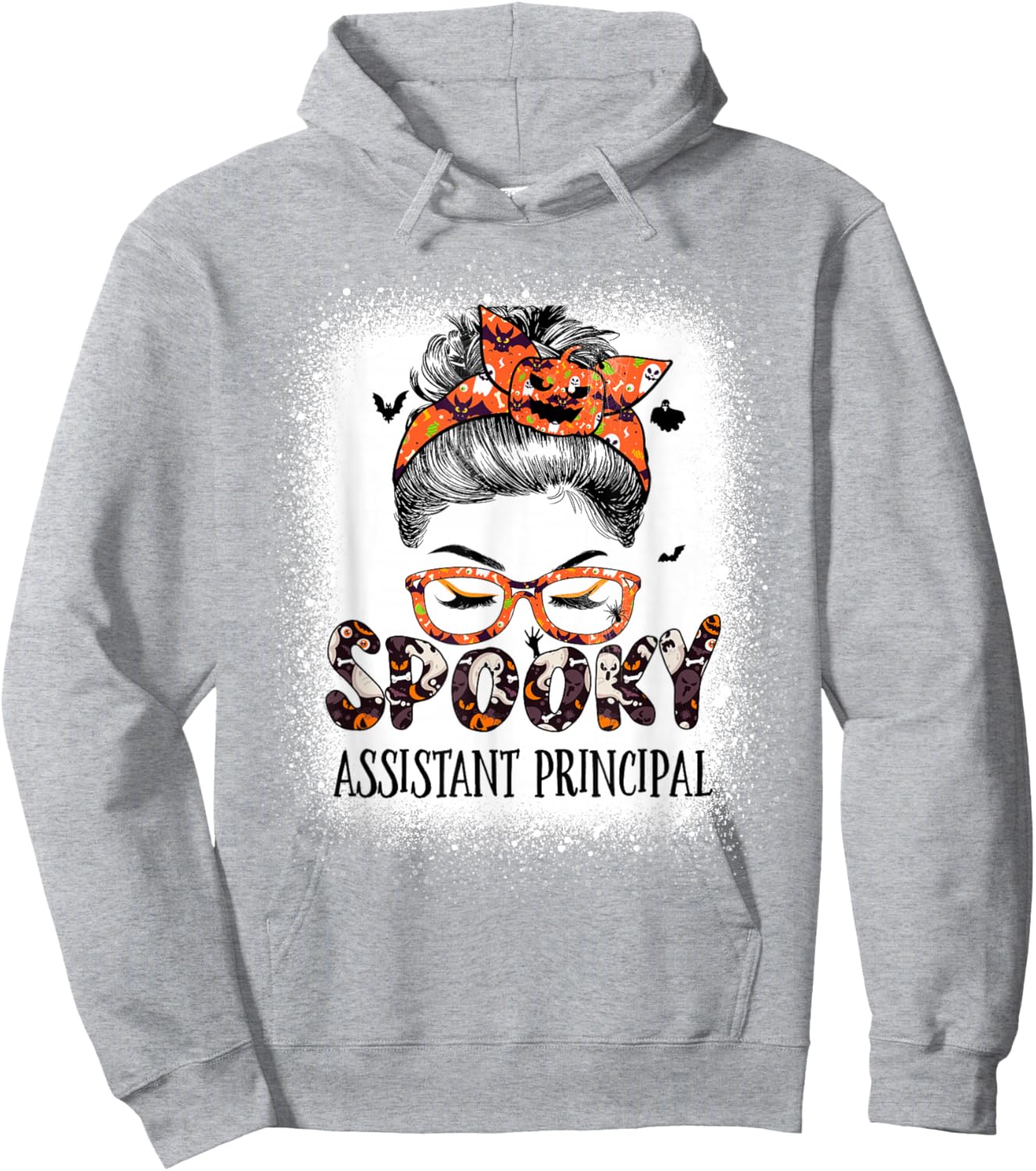 Messy Bun Spooky Assistant Principal Bleached Halloween Bat Hoodie - Hoodie | Ash