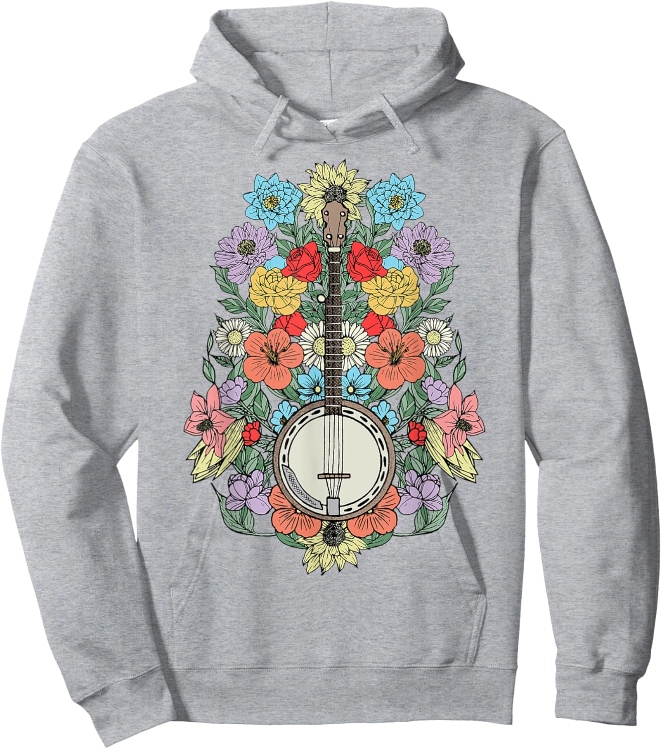 Banjo Flowers Vintage Stringed Bluegrass Folk Floral Design Hoodie - Hoodie | Ash