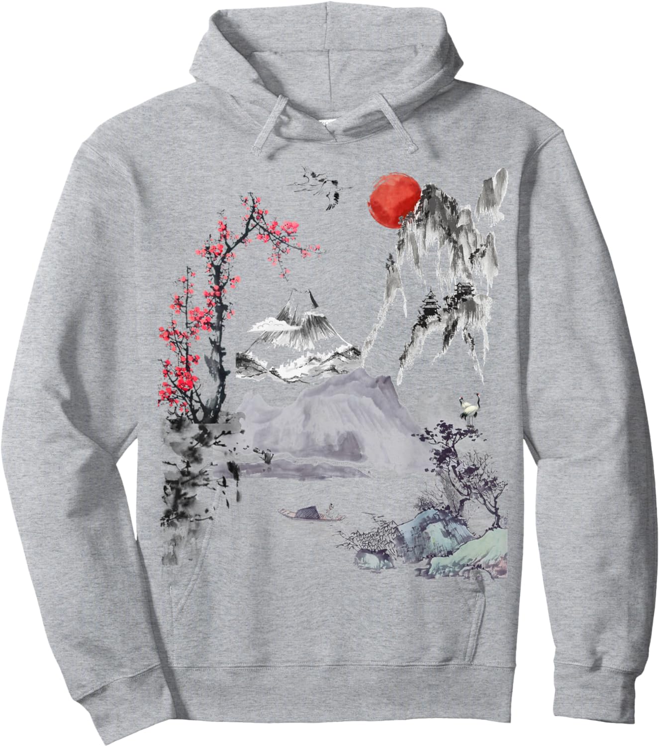 Japanese Art Tree Red Moon With Birds Flying in Background Hoodie - Hoodie | Ash