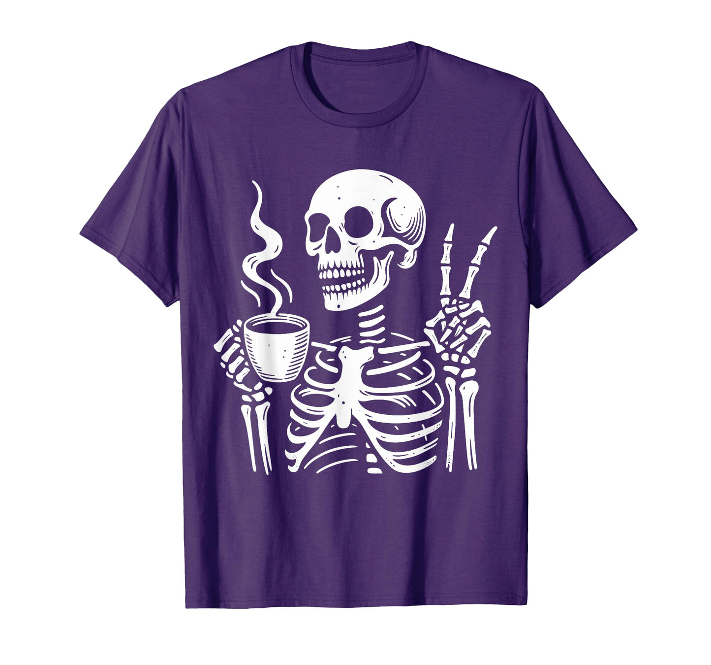 Skeleton Drinking Coffee Gothic Peace Sign Halloween Hippie T-Shirt