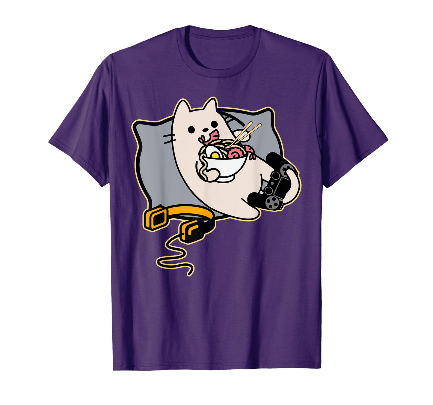 Nerdy Ramen Eating Gamer Cat Game Paused T-Shirt