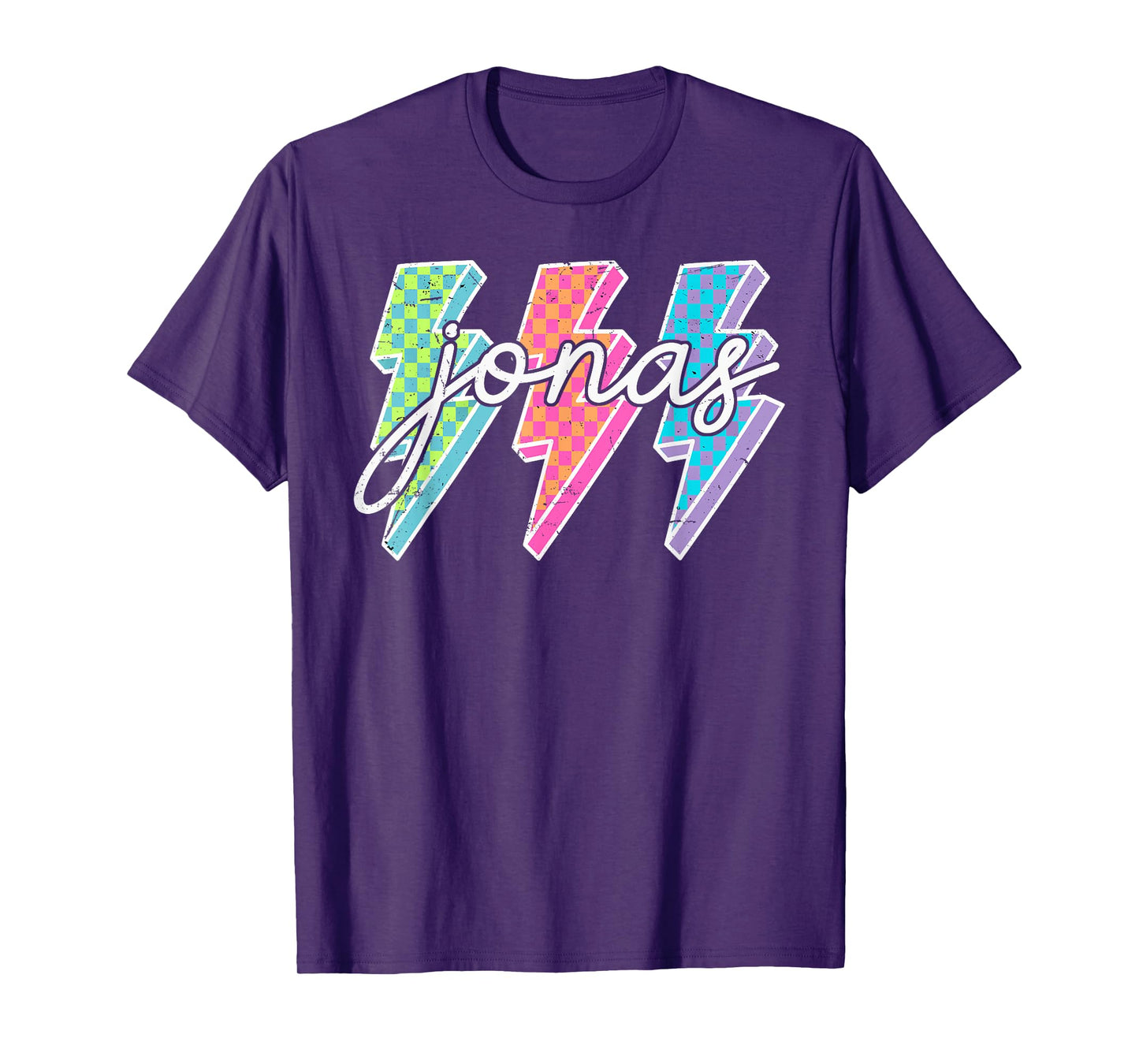 Personalized Name Jonas Lightning Bolt Checkered T-Shirt
