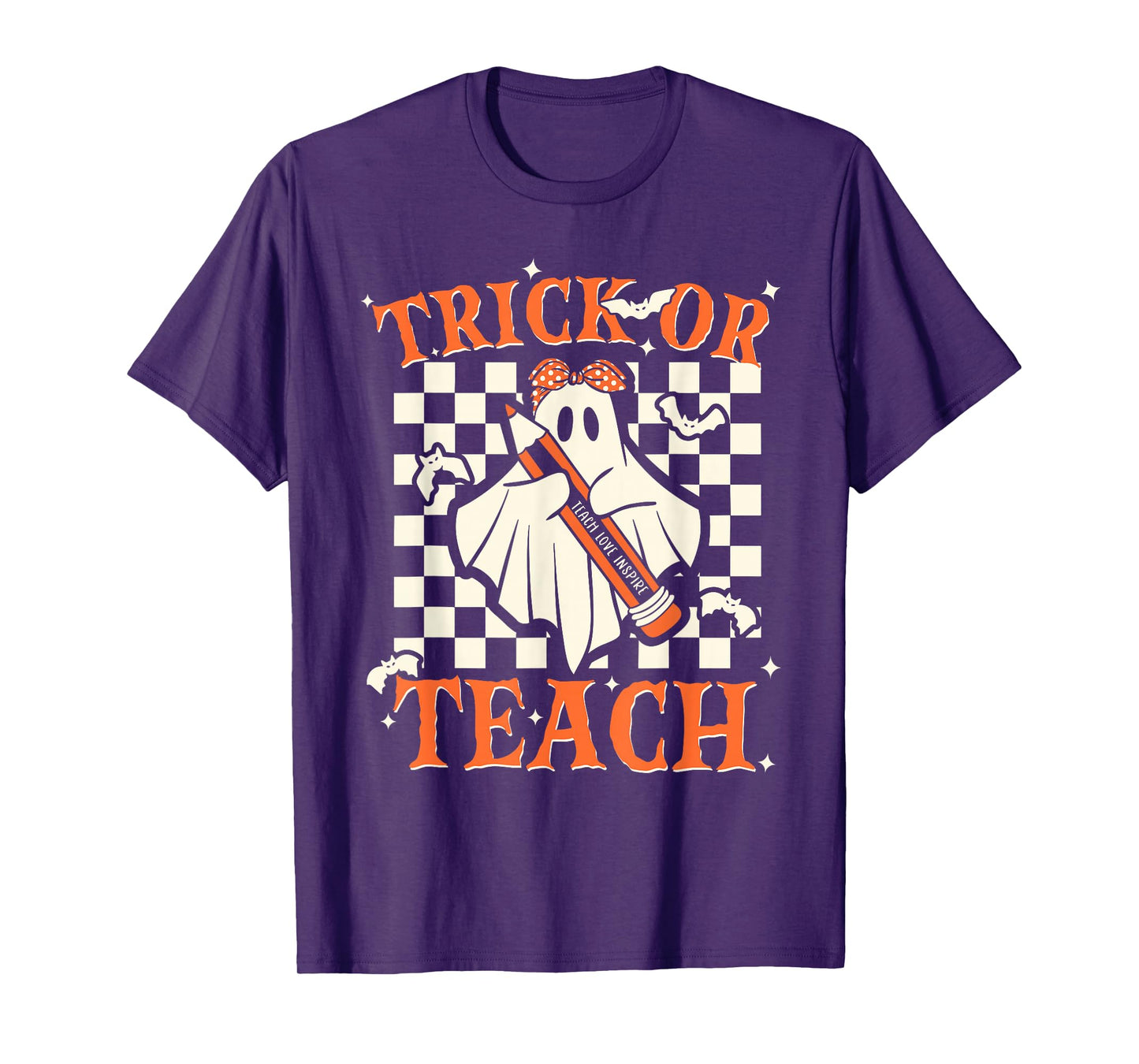 Trick Or Teach Groovy Teacher Halloween Retro Floral Ghost T-Shirt