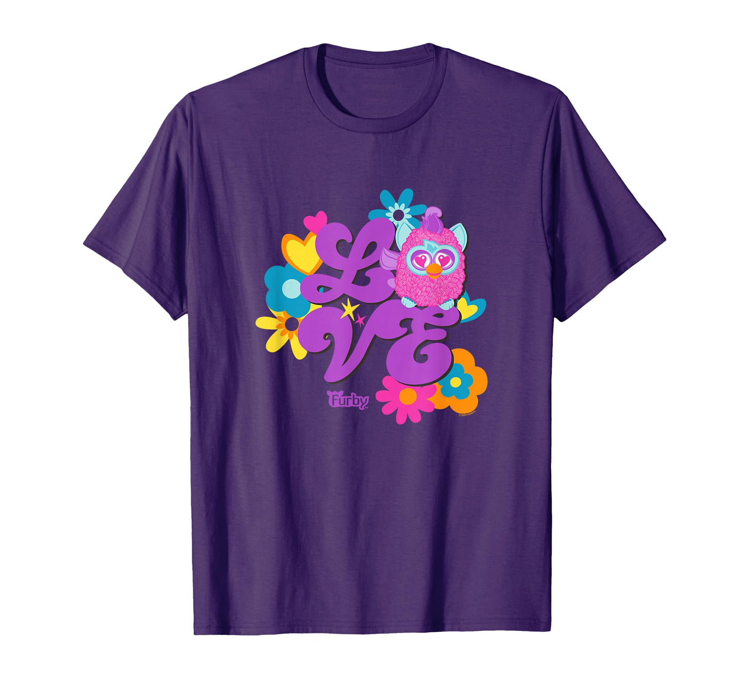 Furby Groovy Vintage Love 70's Rainbow Floral Purple Logo T-Shirt