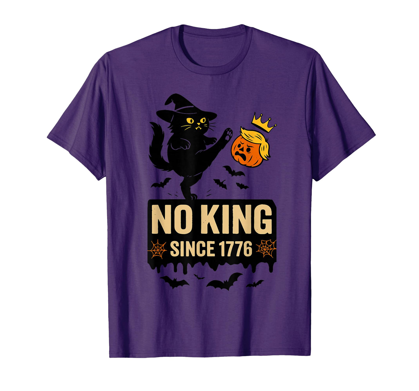 No Kings in America Since 1776 Black Cat Kicking Pumpkin T-Shirt