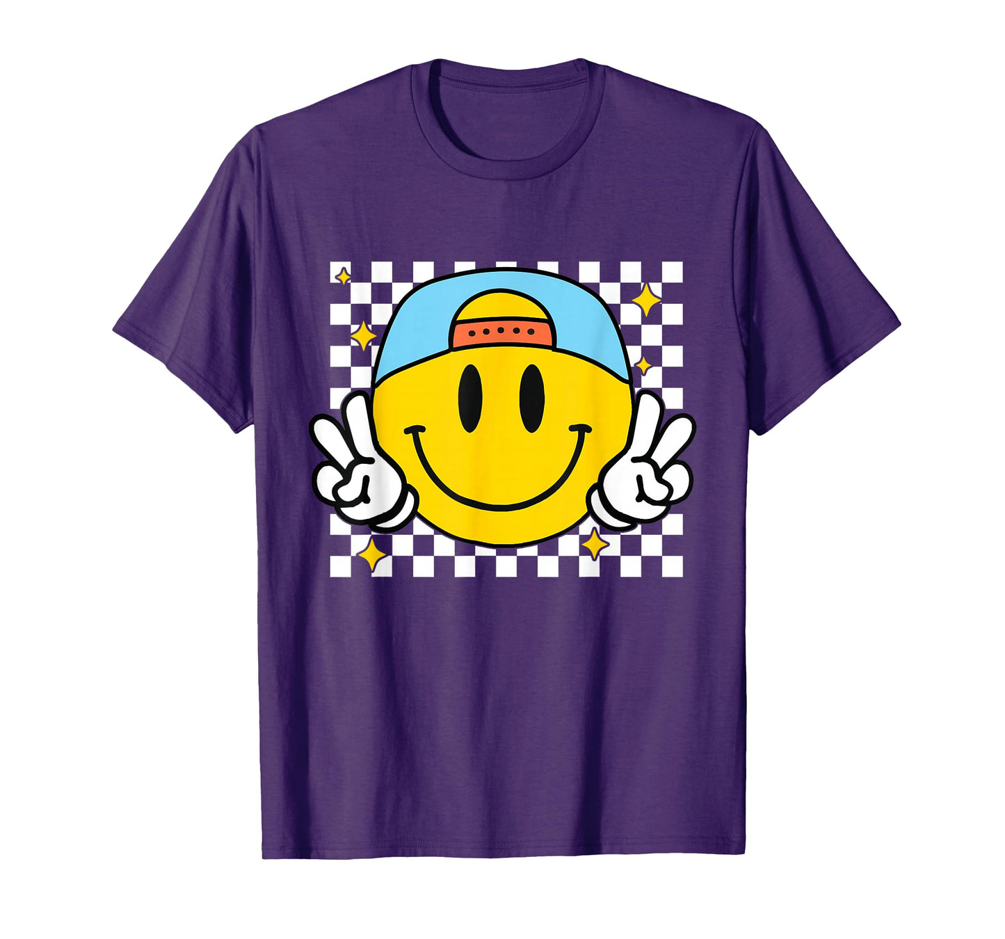 Yellow Smile Face Cute Checkered Peace Smiling Happy Face T-Shirt