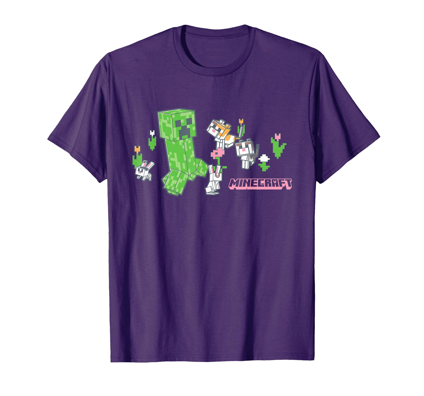 Minecraft Creeper With Bunnies And Cats Pixel Garden T-Shirt