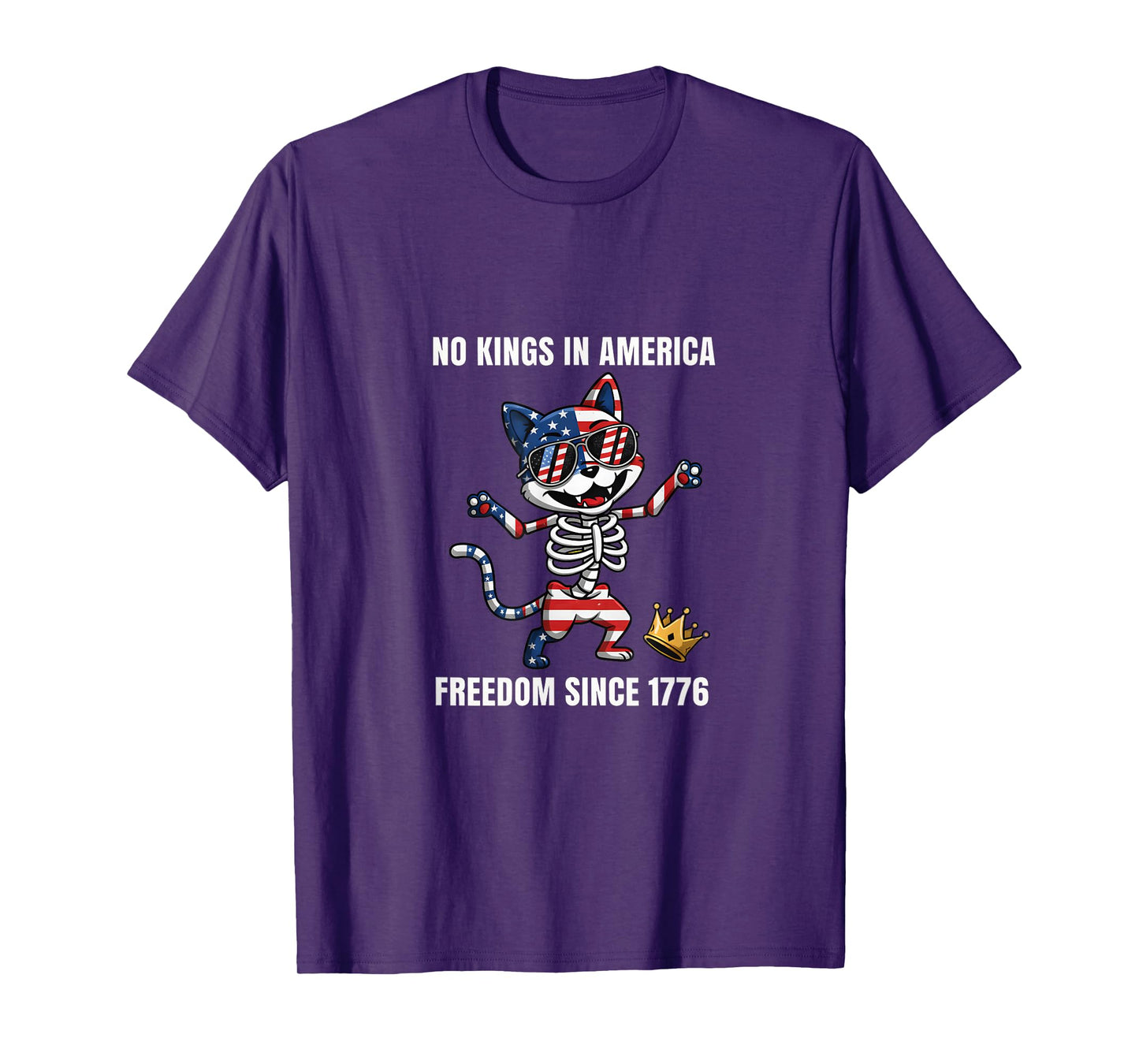 No Kings in America Funny Cat Skeleton 4th of July Patriotic T-Shirt