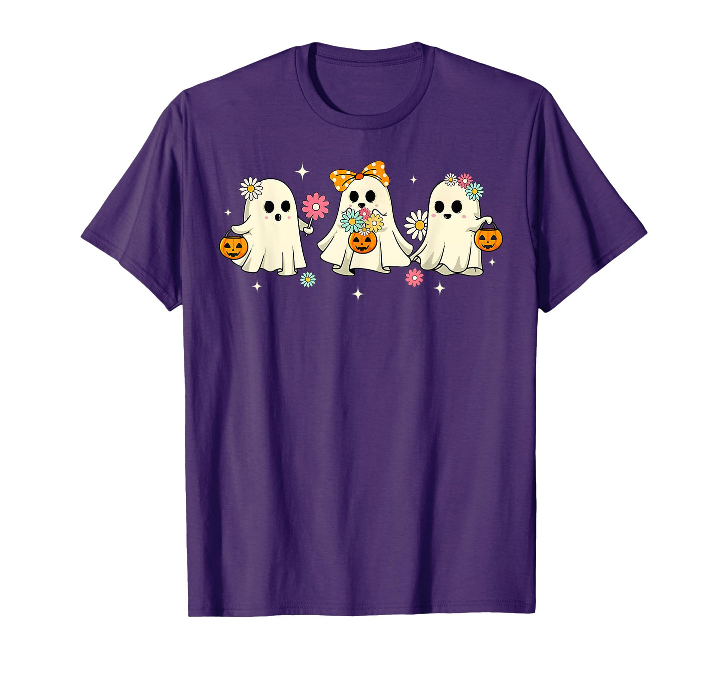 Cute Ghost Groovy Vintage Halloween Spooky Season Floral T-Shirt