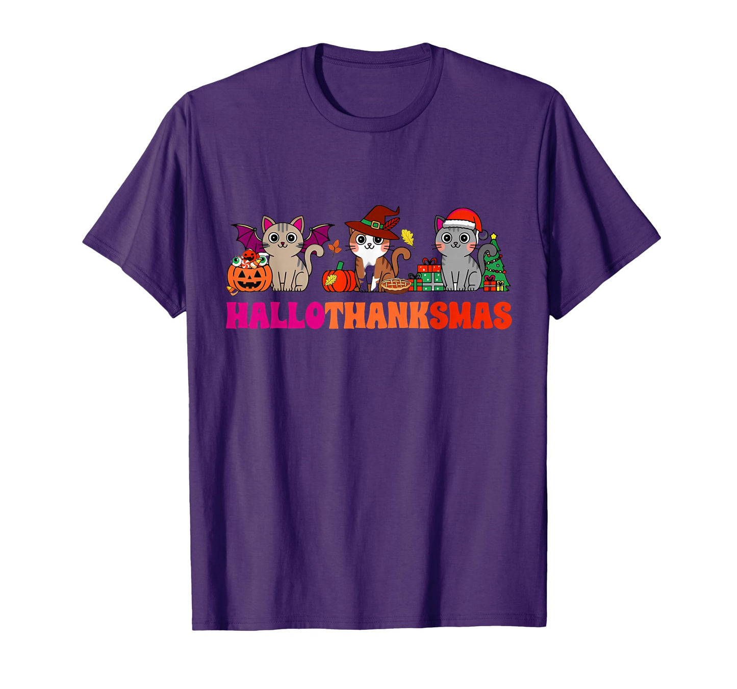 Halloween Thanksgiving Christmas Happy HalloThanksMas Cats T-Shirt