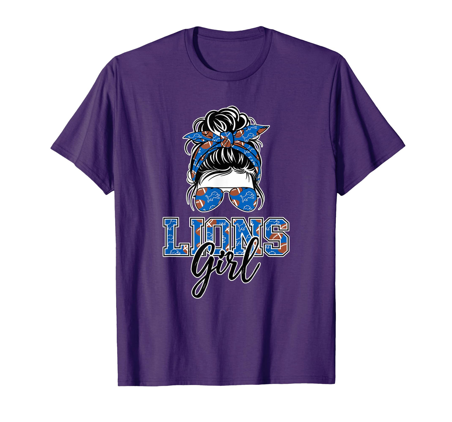 Retro Lions Girl: Messy Bun Sports Fan Team Matching T-Shirt