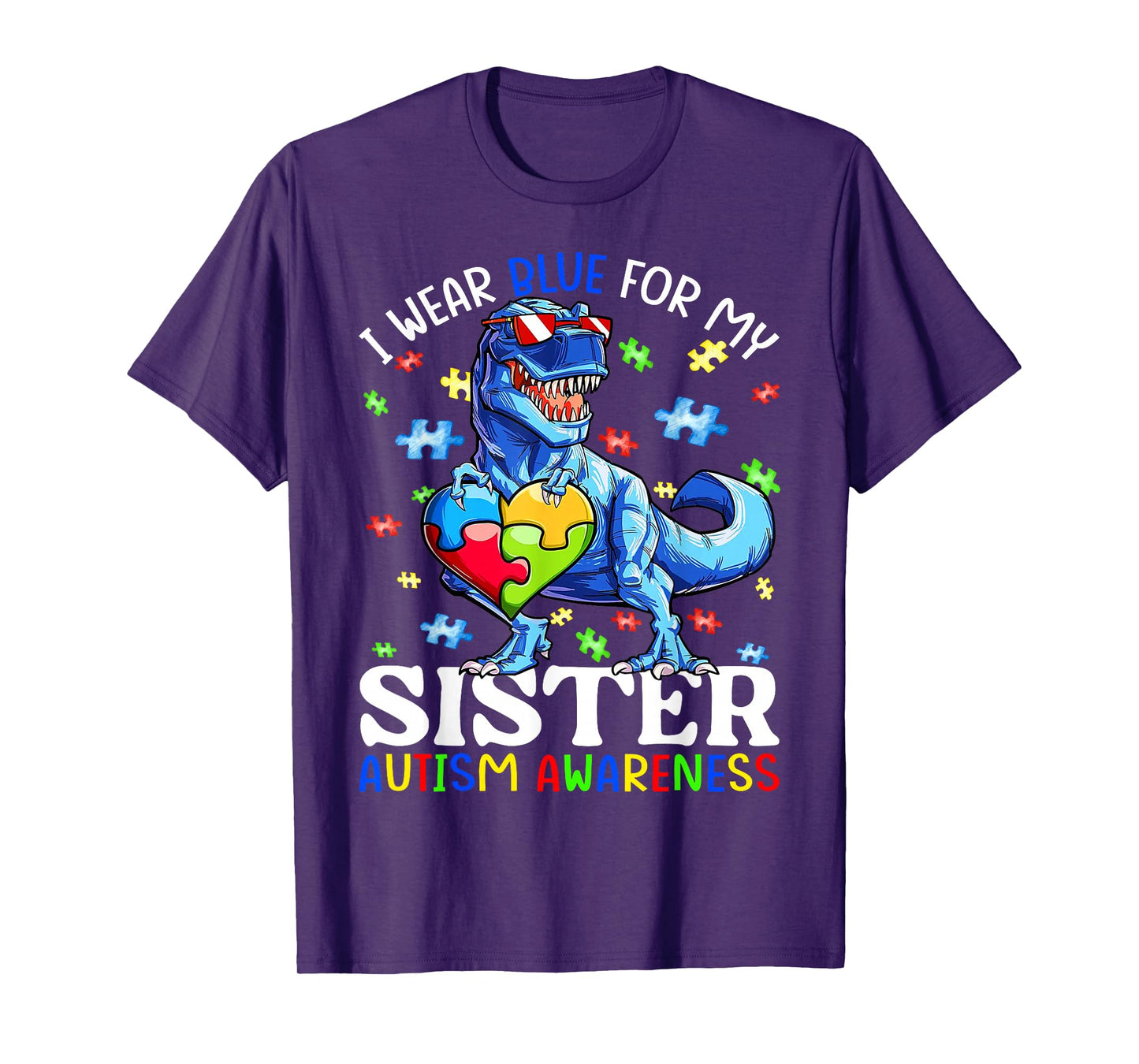 I Wear Blue For My Sister Autism Awareness Dinosaur Boys T-Shirt