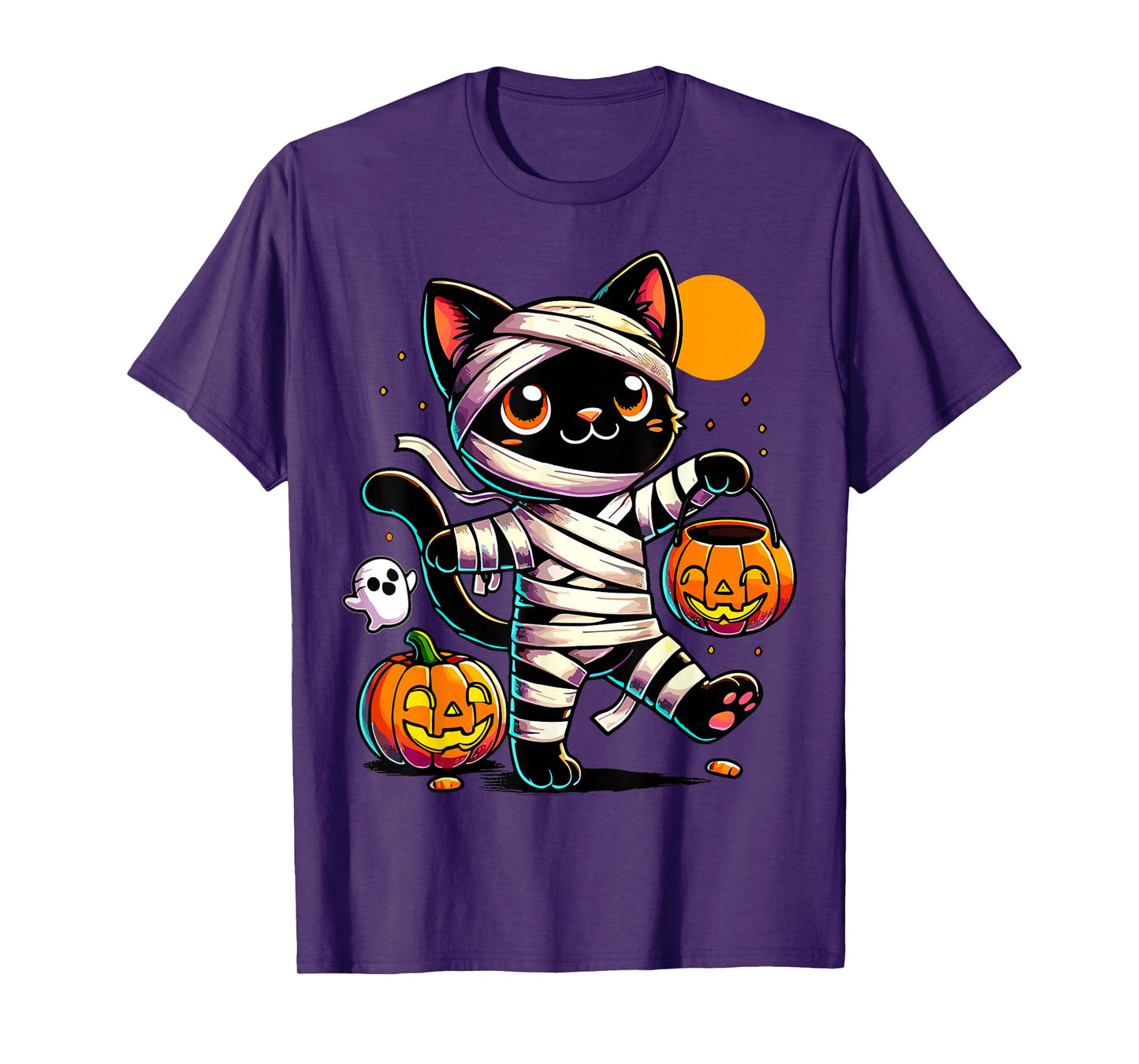Black Cat Mummy Halloween Pumpkin T-Shirt