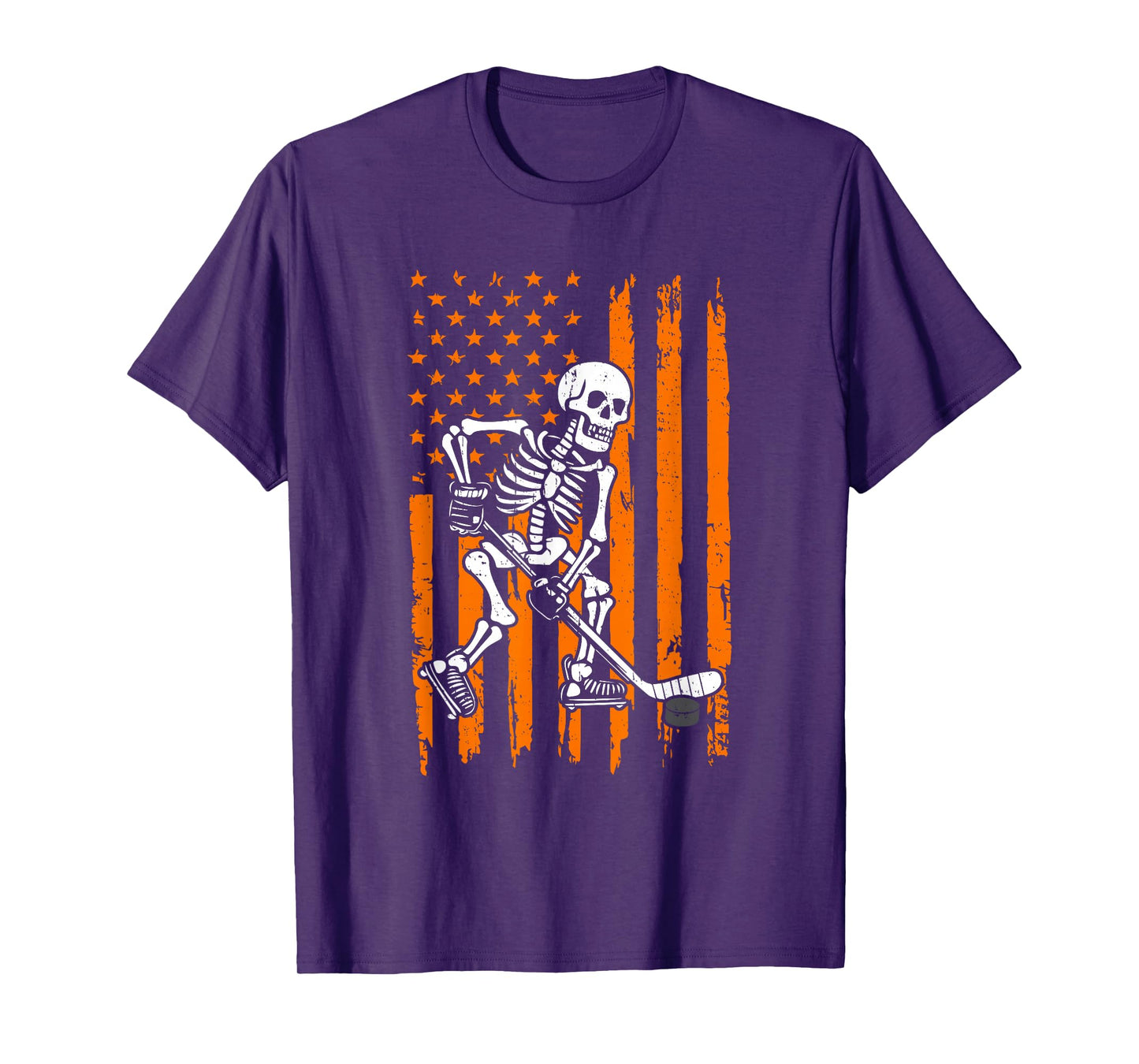 Retro Skeleton Playing Hockey USA Flag Halloween Boys Kids T-Shirt