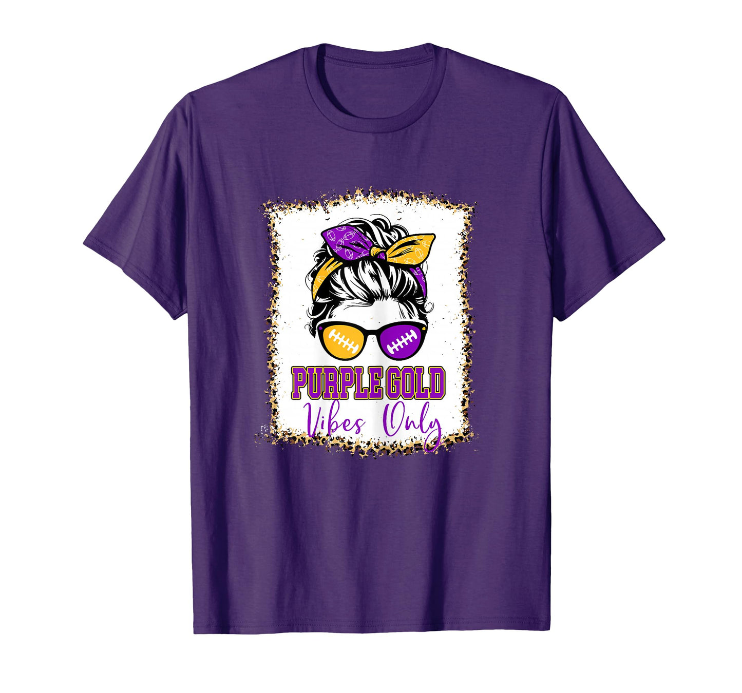 Purple Gold Vibes Only Football Shirt Women Leopard Football T-Shirt