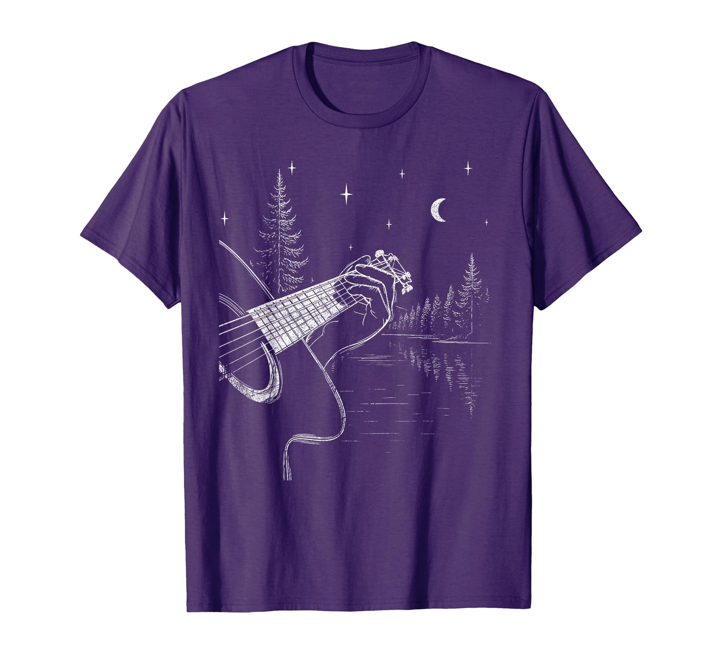 Guitar Forest Night Scene Acoustic Music Moon Art T-Shirt