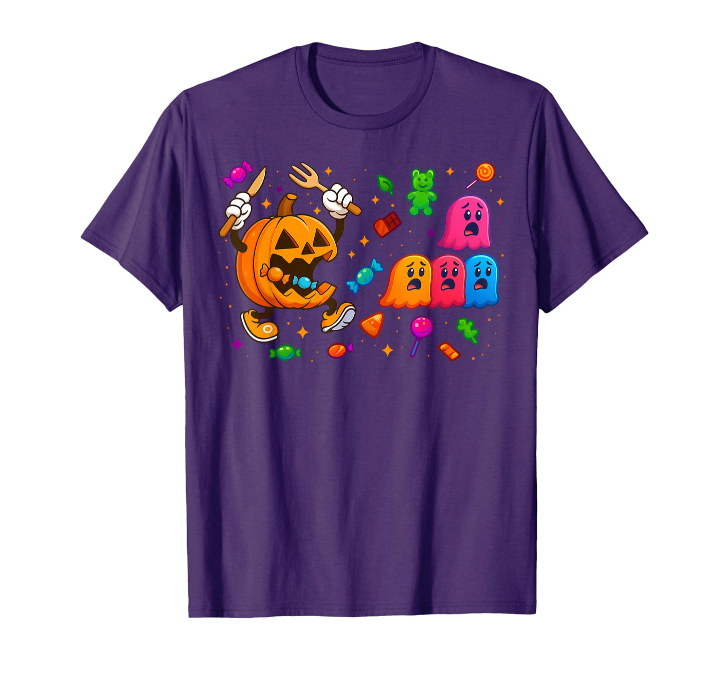 Gamer Pumpkin Eating Ghost Halloween Costume Men Boys Kids T-Shirt