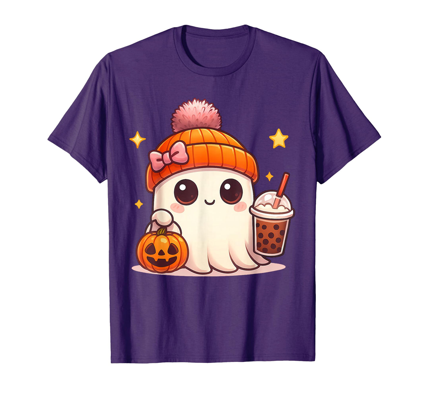 Kawaii Ghost Drinking Pumpkin Boba Tea Cute Ghost Halloween T-Shirt