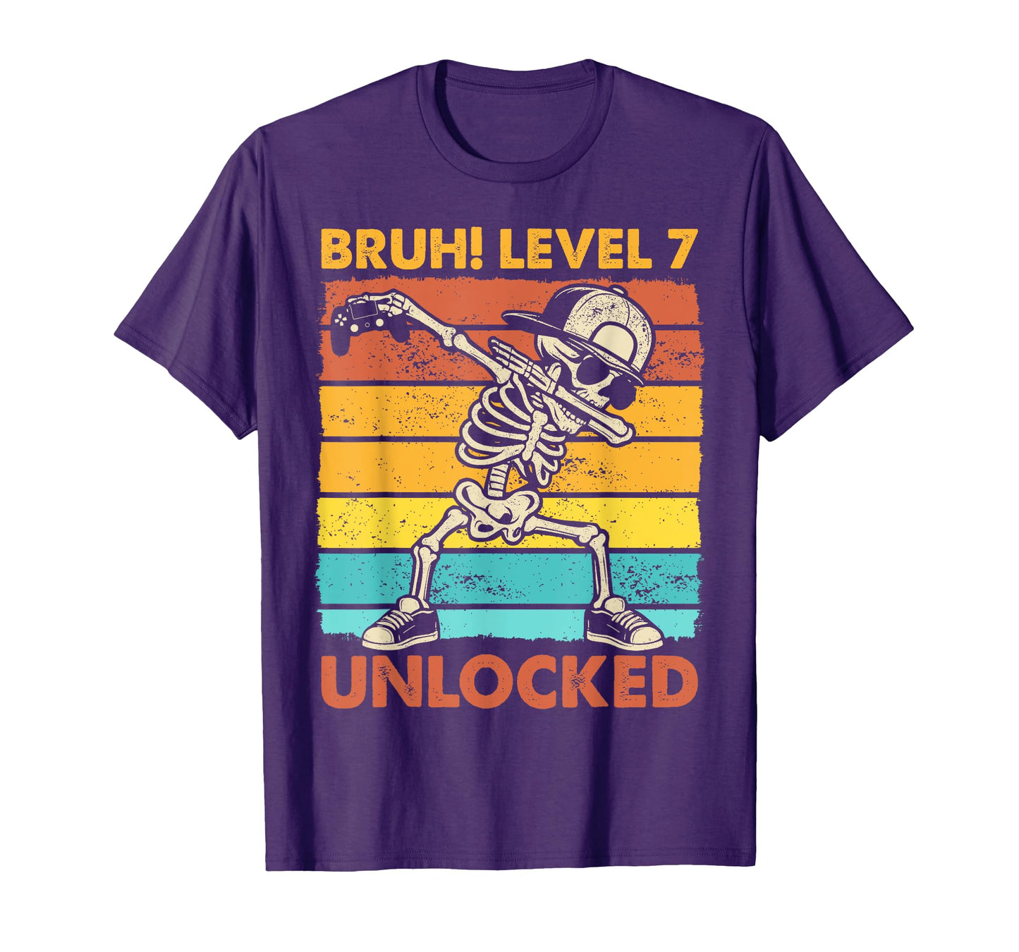 Bruh Level 7 Unlocked Skeleton Gamer 7th Birthday Boy Kids T-Shirt