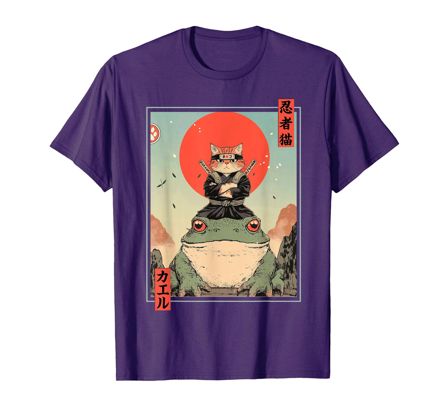 Japanese Ninja Cat and Frog Retro Anime Style Graphic T-Shirt