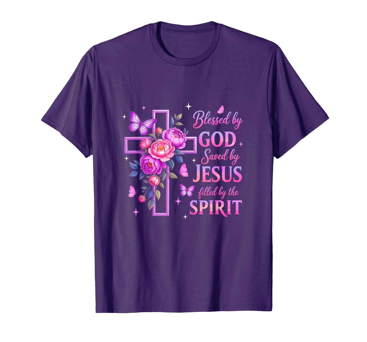 Blessed By God Saved By Jesus Purple Floral Cross Christian T-Shirt