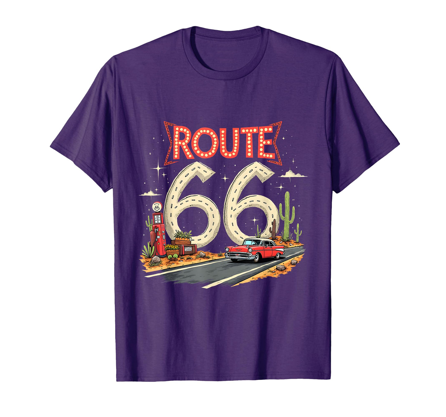Classic Retro Route 66 Desert Scene with Red Vintage Car T-Shirt
