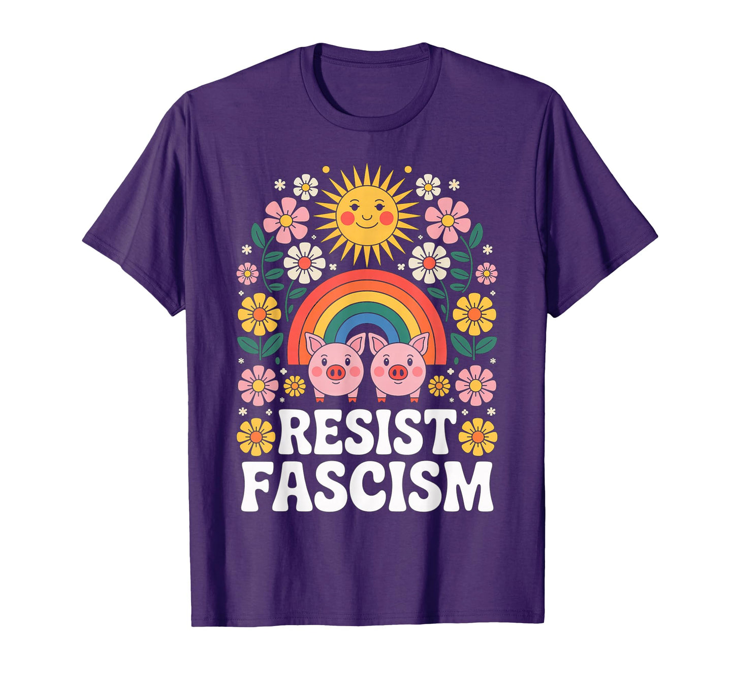Pigs Resist Fascism Retro Groovy Rainbow No Kings Hippie T-Shirt