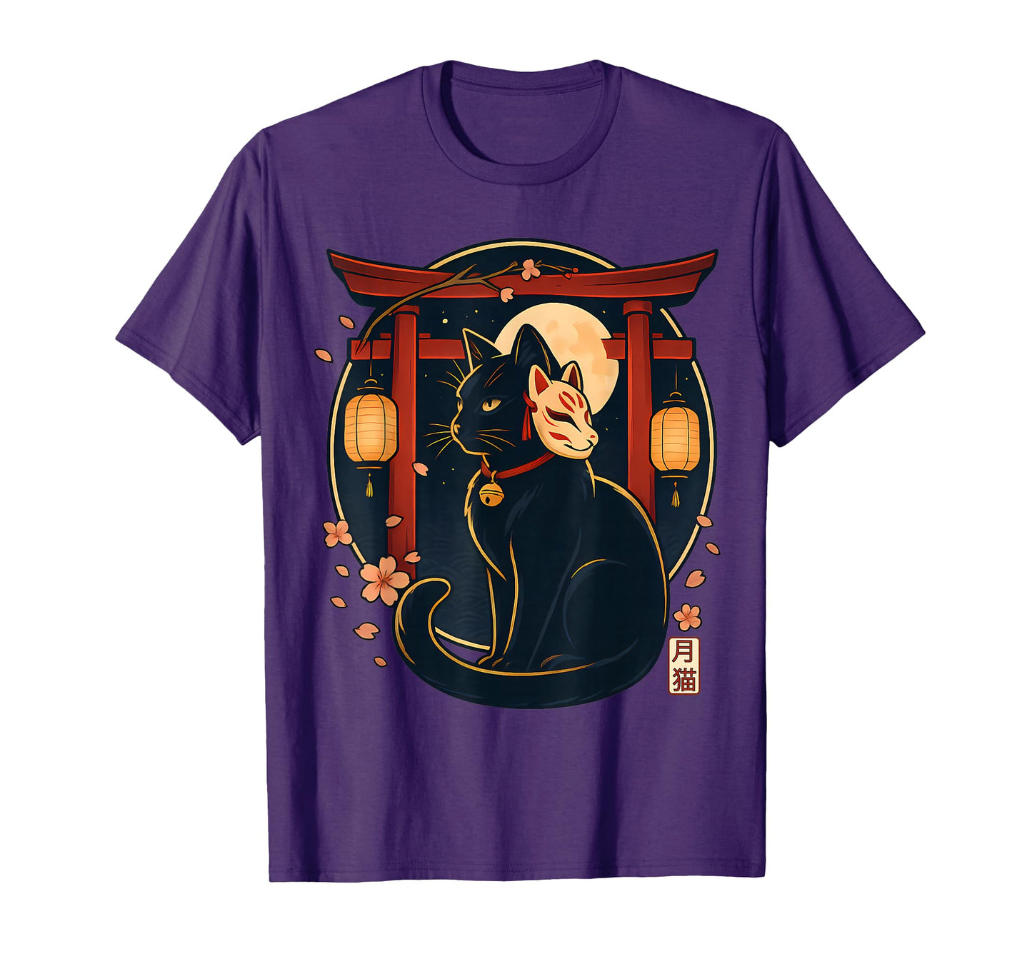 Kawaii Japanese Cat Kitsune Mask Torii Lantern Funny Cat T-Shirt
