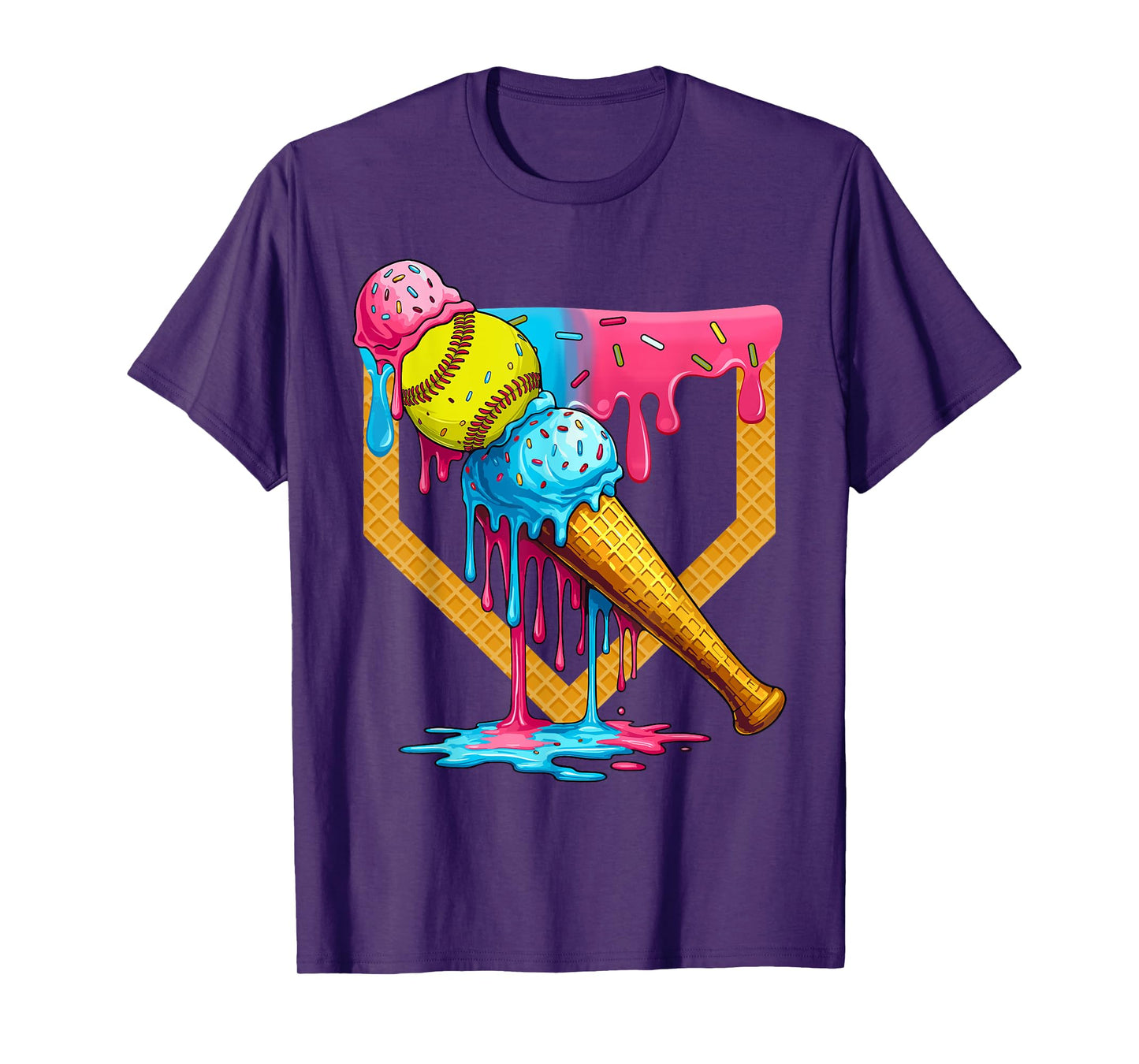 Cute Ice Cream Softball Home Plate Drip Game Day Softball T-Shirt