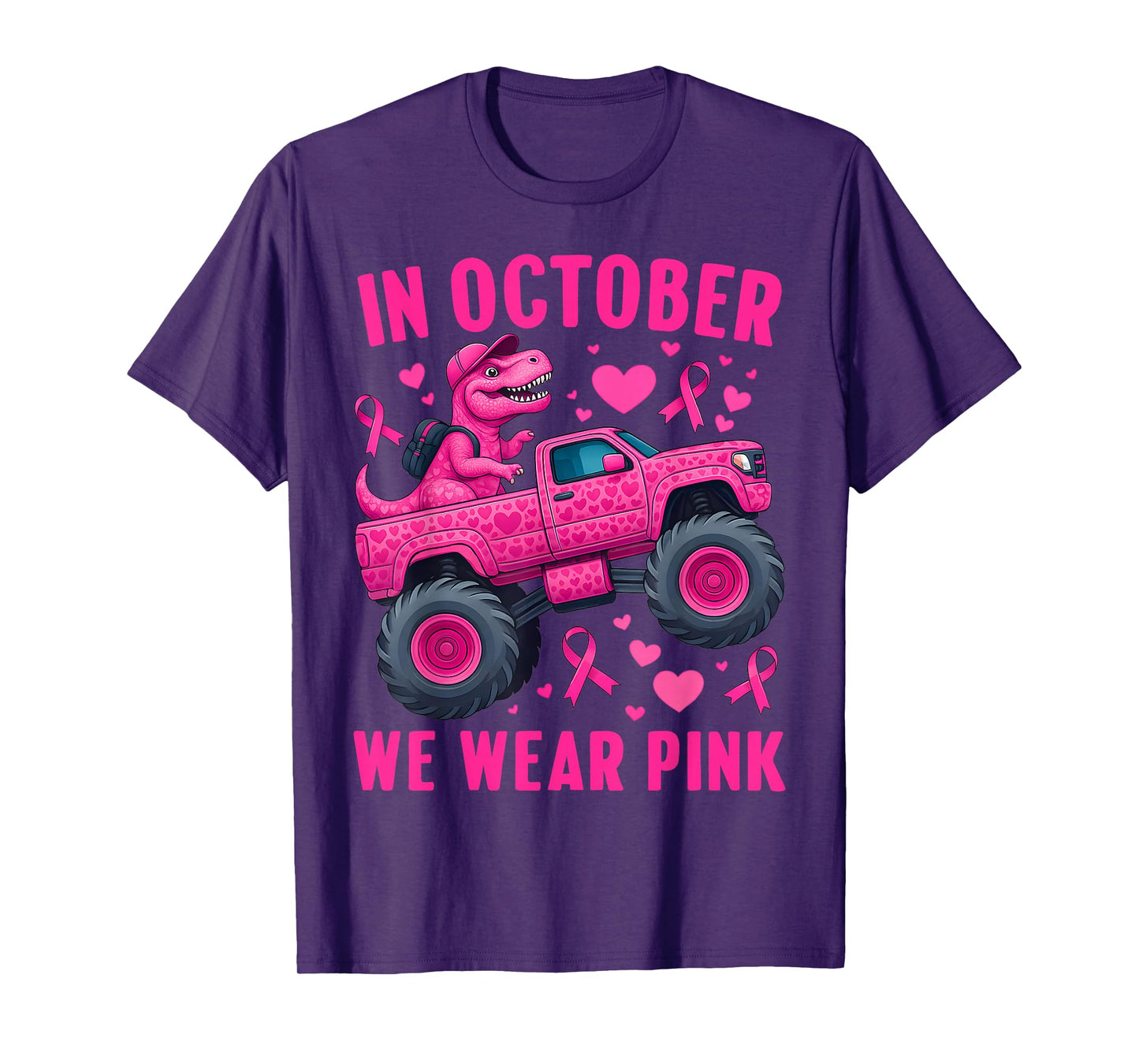in October We Wear Pink T-rex Monster Truck Kids Boys Girls T-Shirt