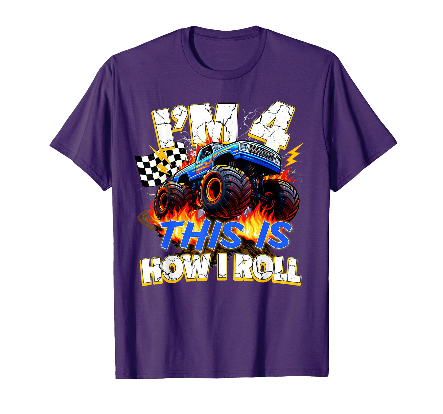 Funny 4 Year Old Birthday Boy Monster Truck 4th Bday Kids T-Shirt