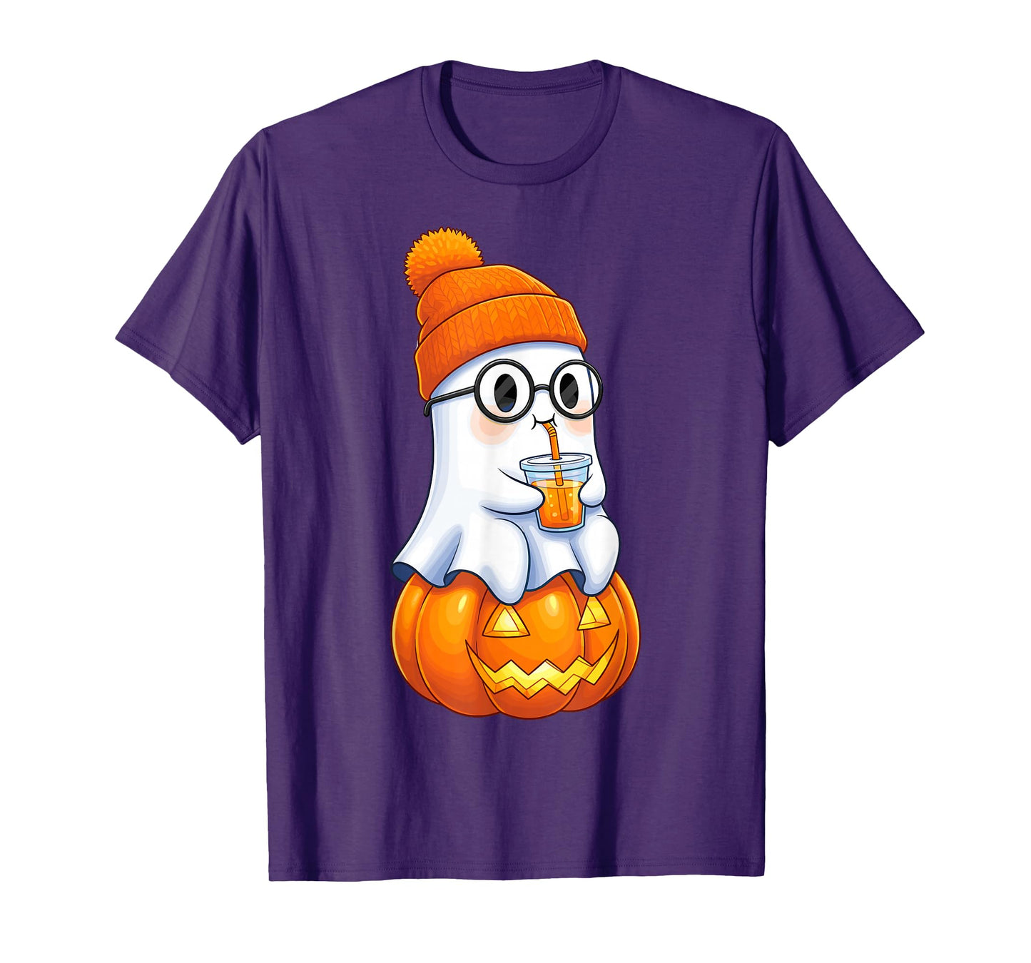 Ghost with Bubble Tea and Pumpkin Halloween T-Shirt