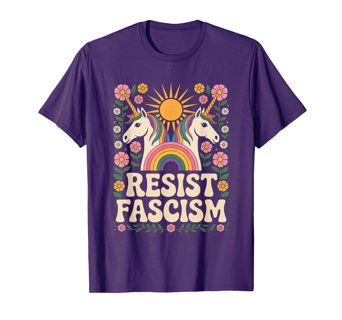 Unicorn Resist Fascism Retro Groovy Rainbow No Kings Hippie T-Shirt
