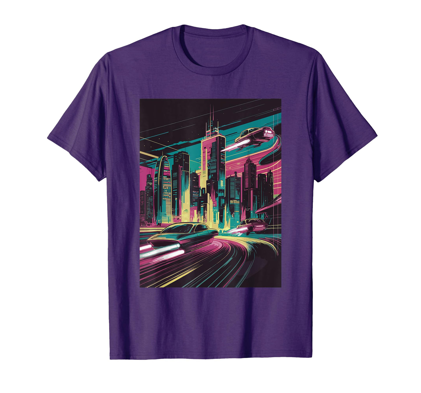 Retro Futuristic 80s sci-fi City with Flying Cars Cyberpunk T-Shirt
